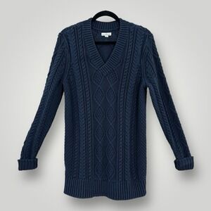 L.L. Bean Signature Fisherman Sweater Blue SMALL V-Neck Pullover Knit 505131